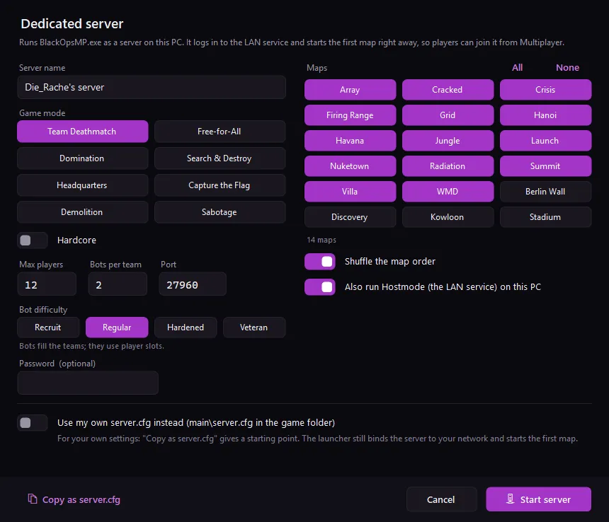 The dedicated server dialog of bgT5 0.9.0: server name, game mode, Hardcore, max players, bots with difficulty, port, password and a map selection with shuffle.