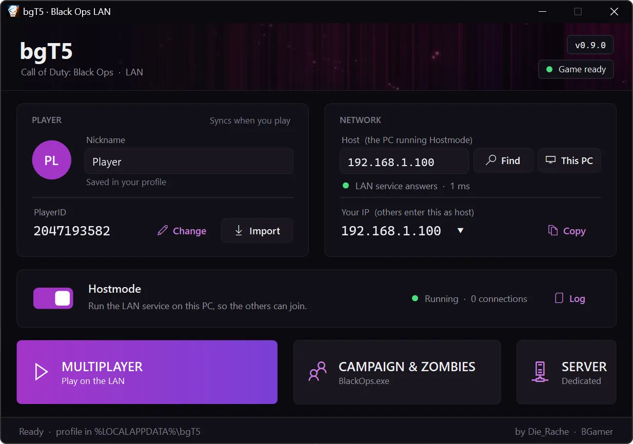 The bgT5 0.9.0 launcher: player card with nickname and PlayerID, network card with Host, Find and Your IP, the Hostmode switch, and tiles for Multiplayer, Campaign & Zombies and Server.